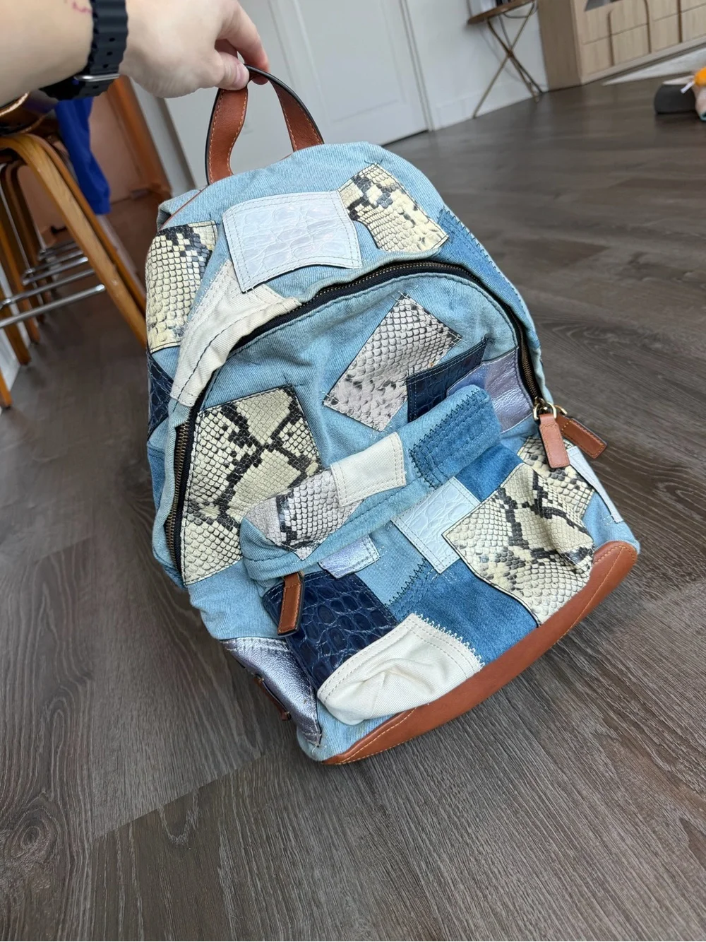 Marc Jacobs Patchwork Denim & Snake Print Backpack with Brown Leather Trim - Picture 2 of 10